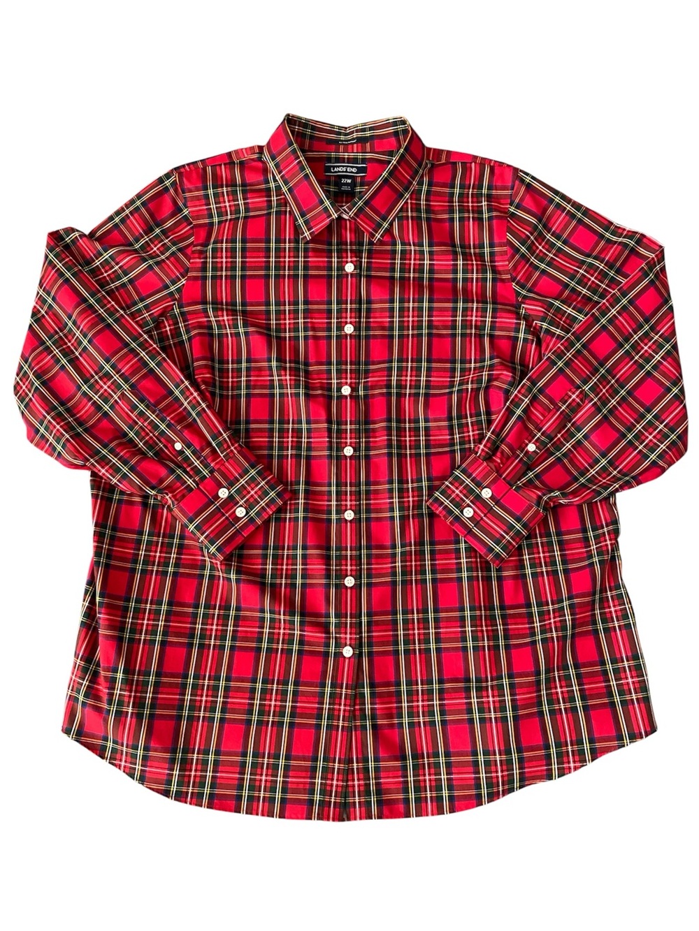 Lands' End 100% Cotton, No Iron, Plaid, Tartan, Button Down Long Sleeve Red, 22W
